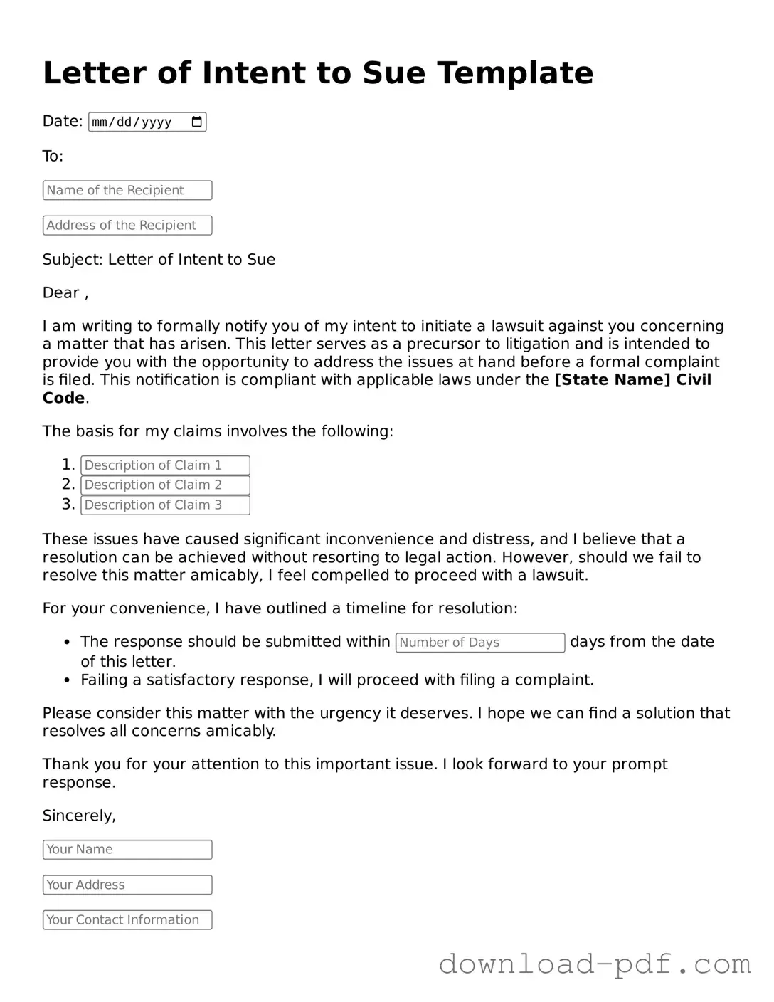 Free Letter of Intent to Sue Template