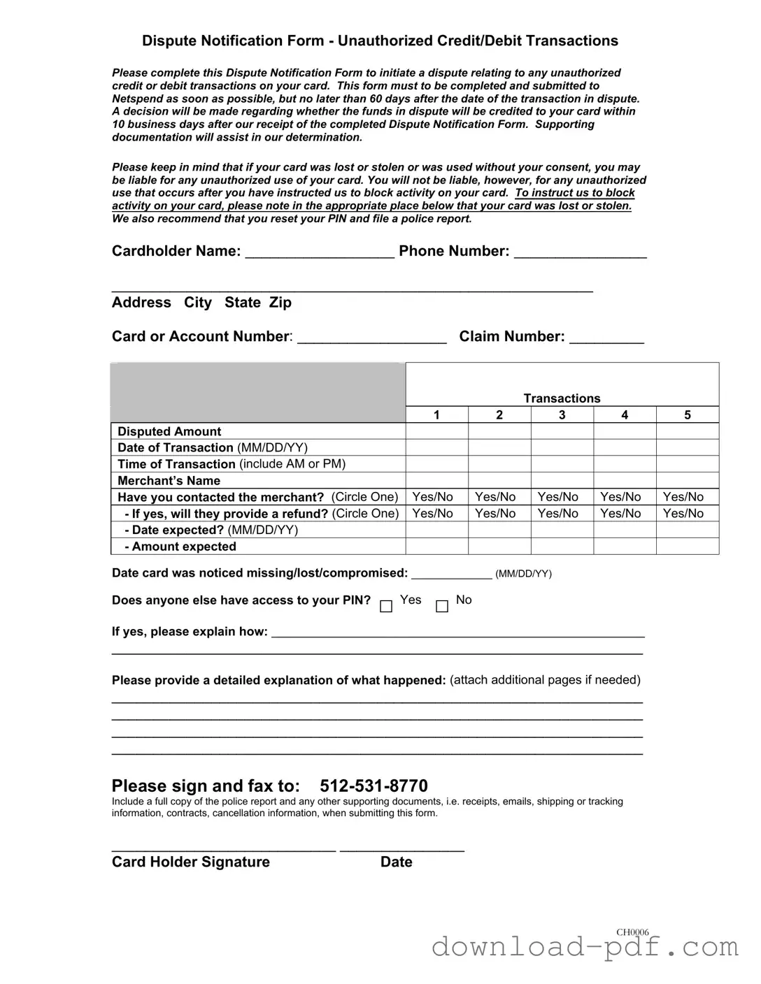 Get Netspend Dispute Template in PDF