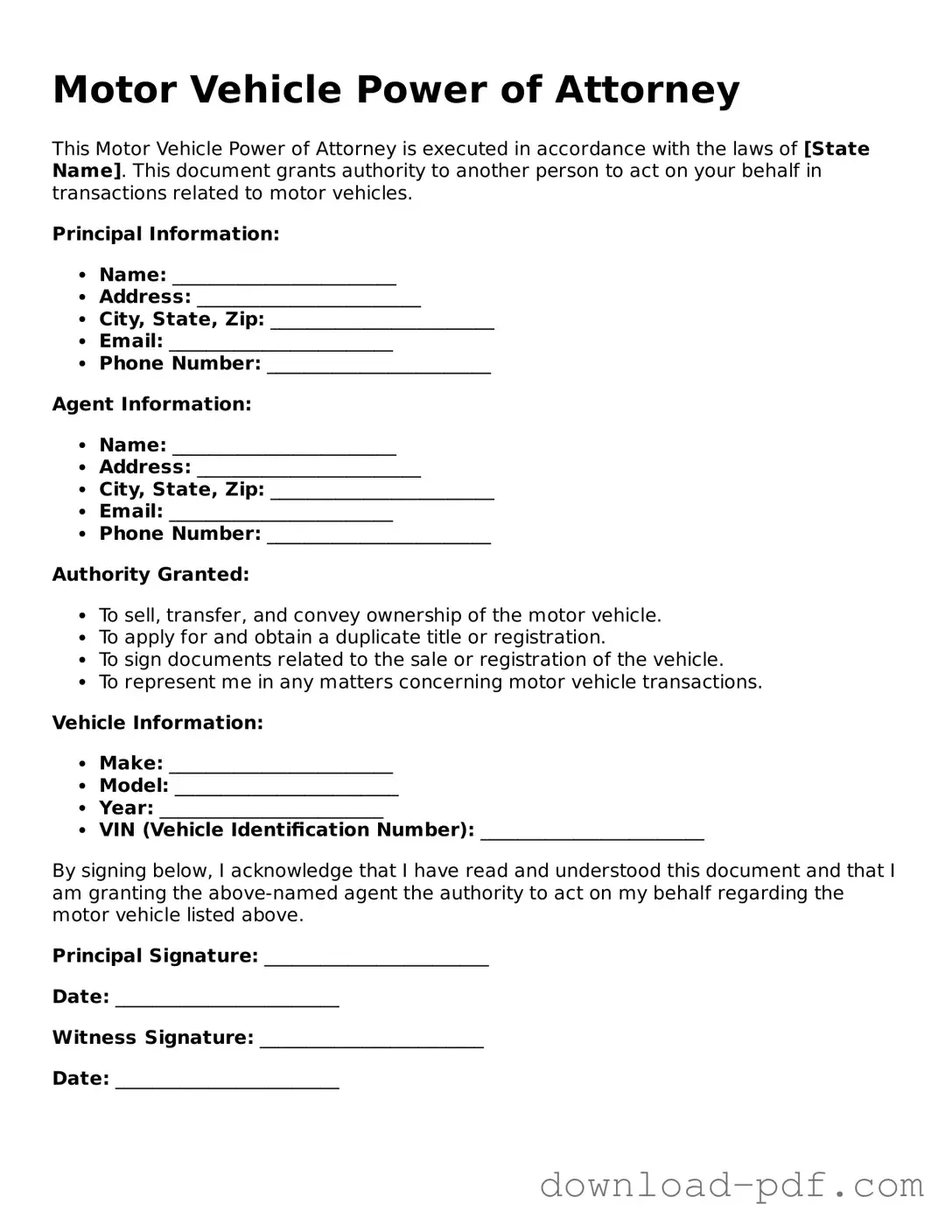 Free Motor Vehicle Power of Attorney Template