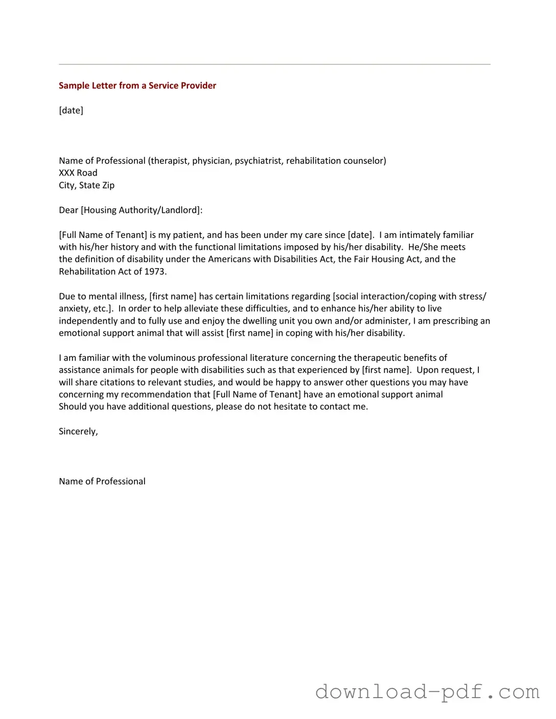 Get Emotional Support Animal Letter Template in PDF