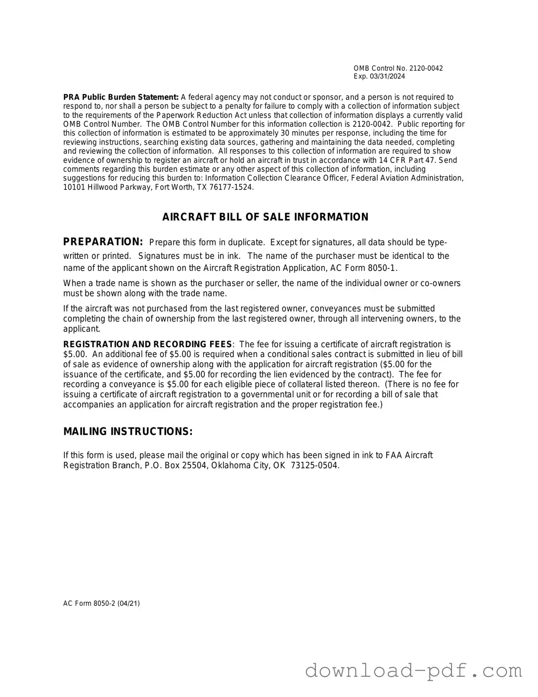 Get Aircraft Bill of Sale AC 8050-2 Template in PDF