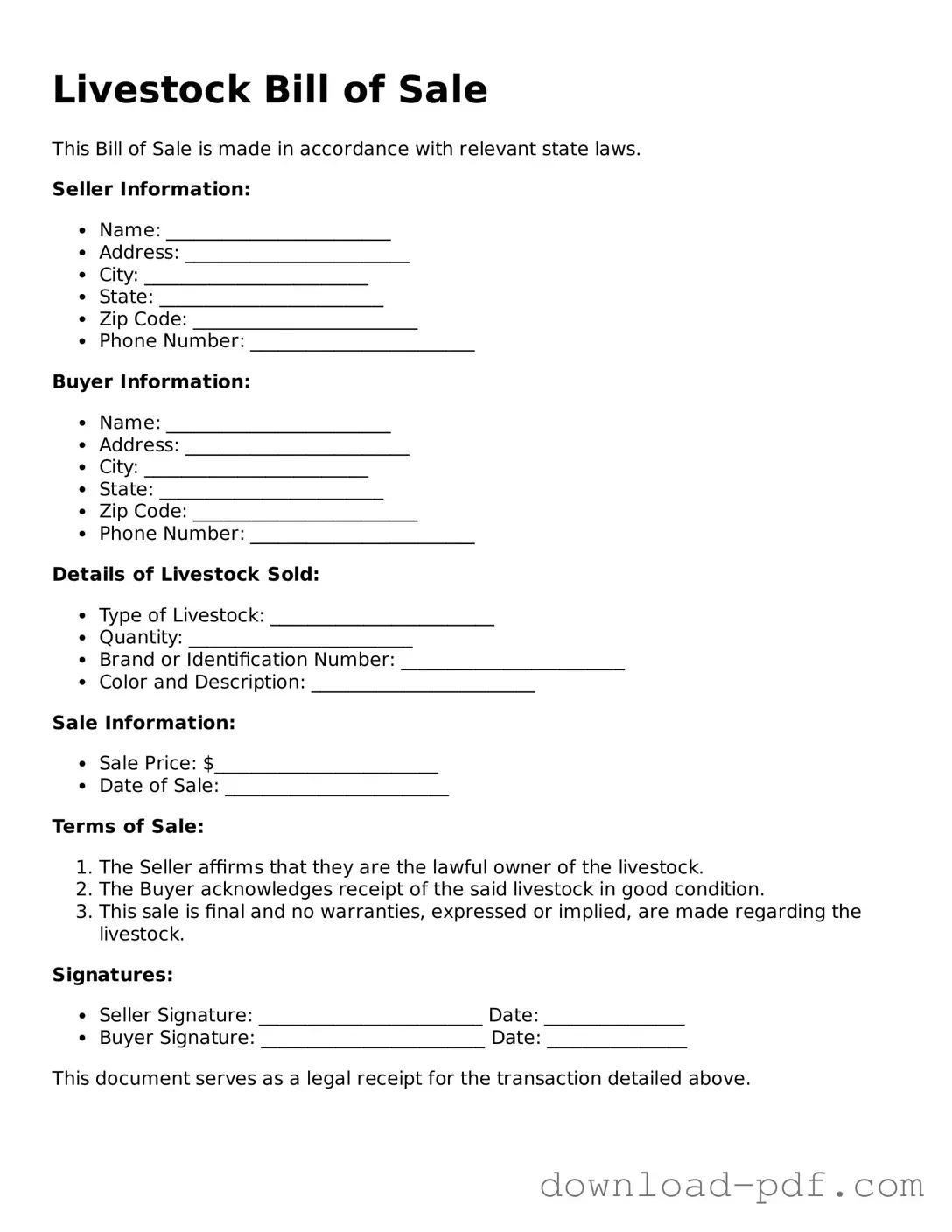 Free Livestock Bill of Sale Template