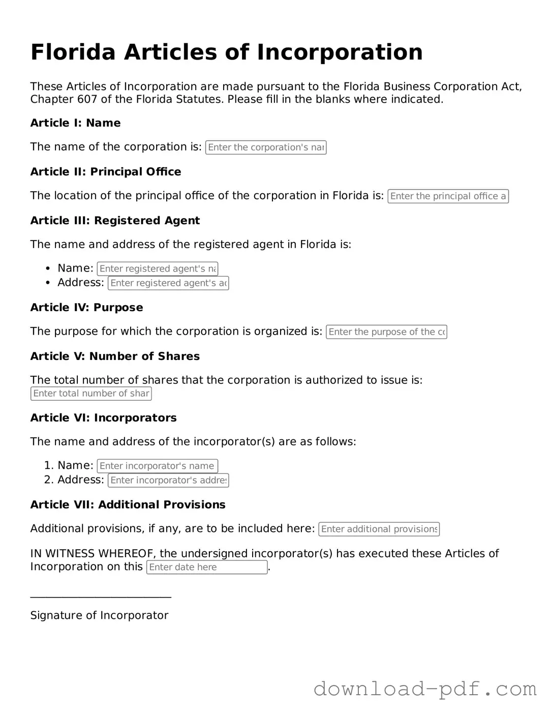 Florida Articles of Incorporation Document