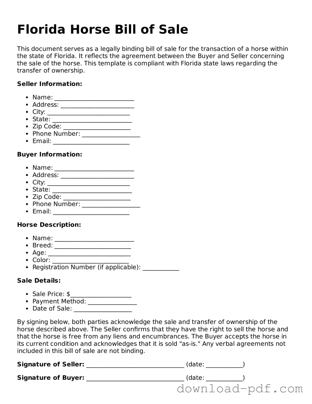 Florida Horse Bill of Sale Document