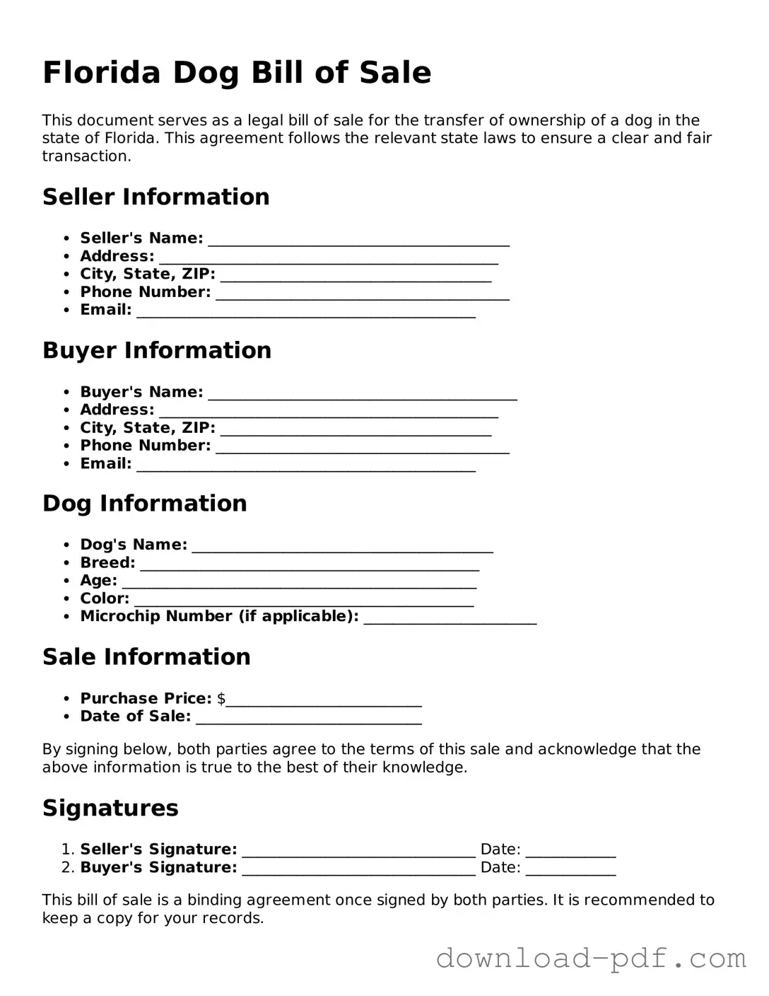 Florida Dog Bill of Sale Document