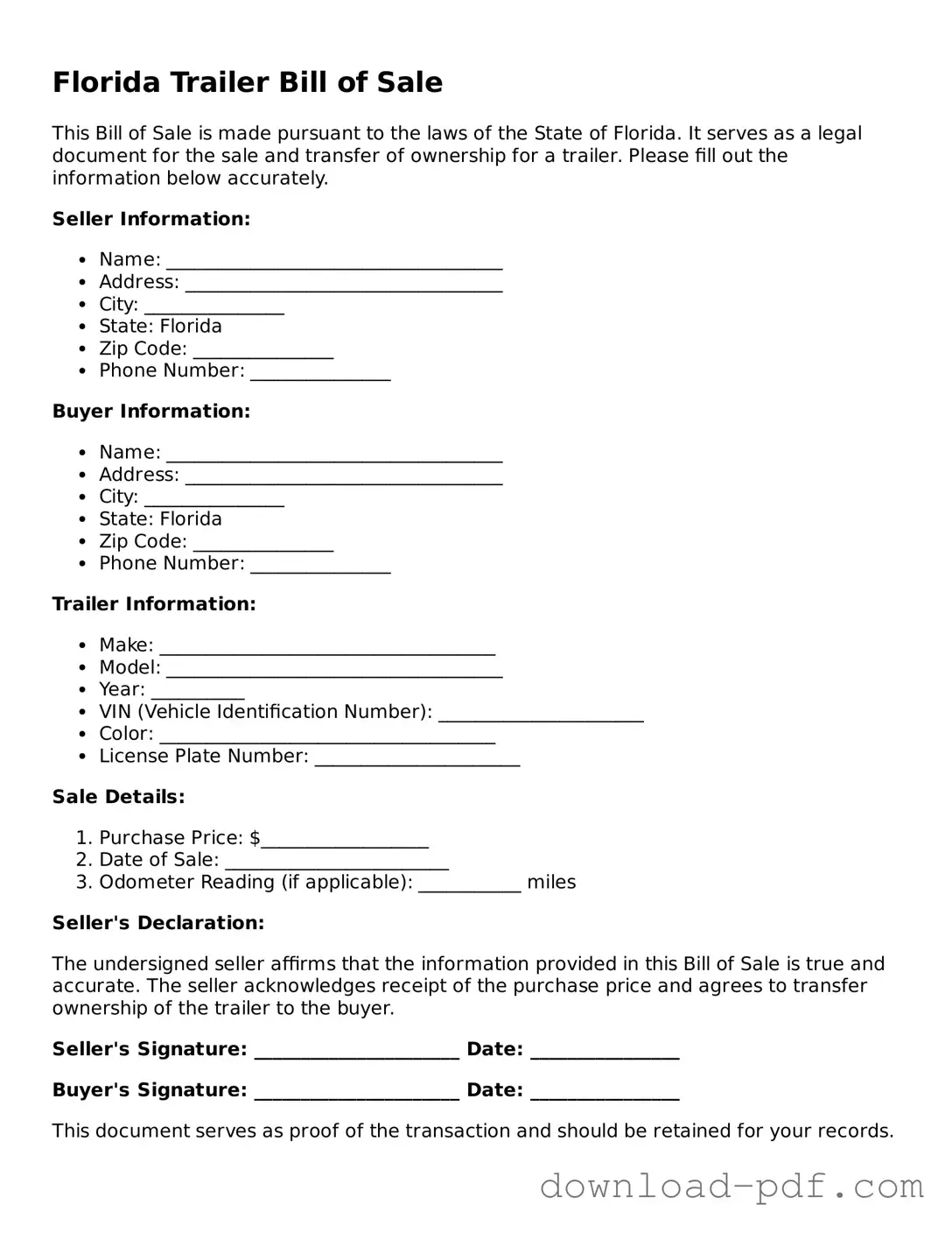 Florida Trailer Bill of Sale Document