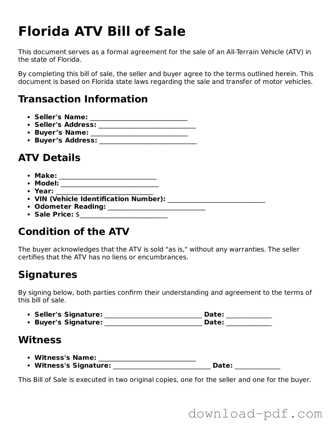Florida ATV Bill of Sale Document