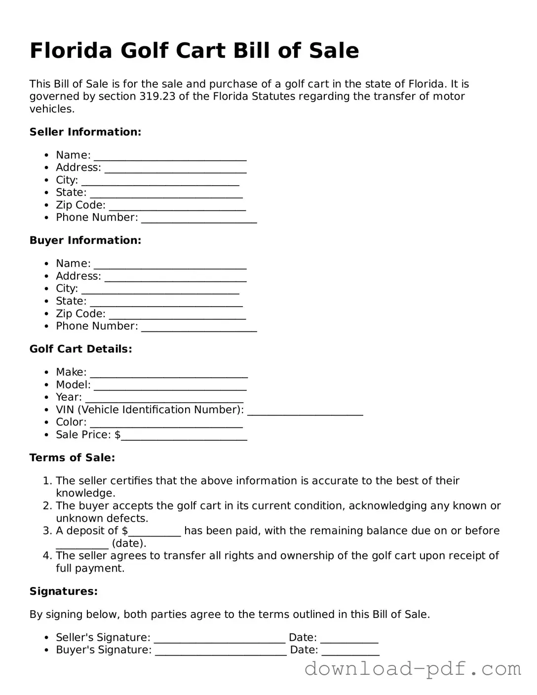 Florida Golf Cart Bill of Sale Document