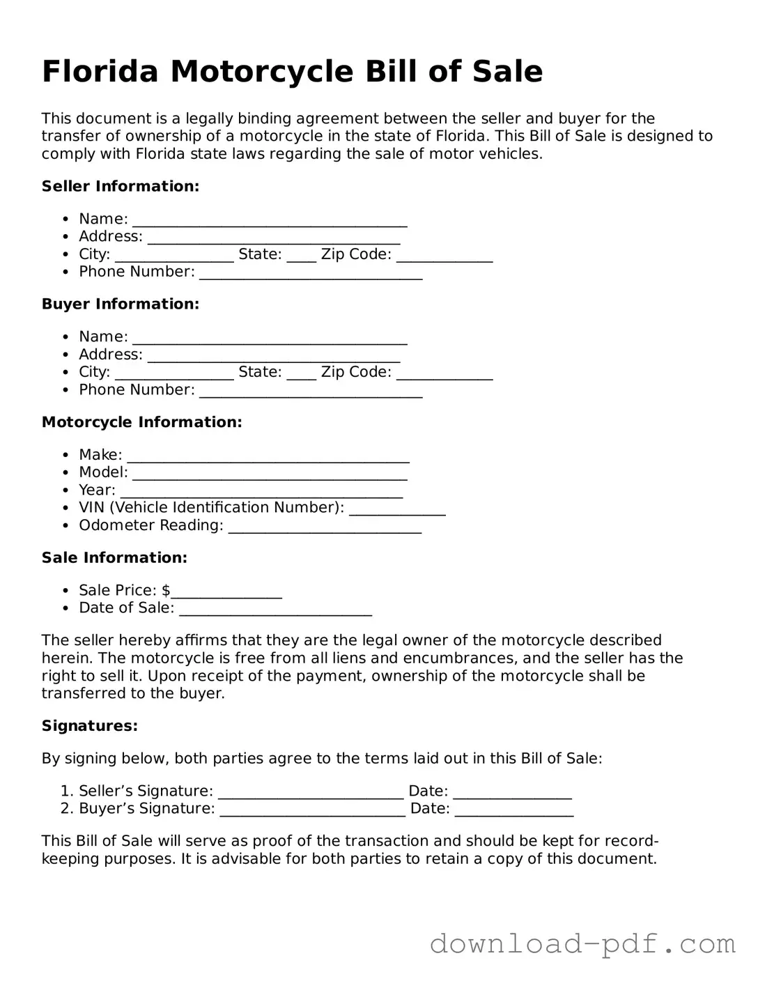 Florida Motorcycle Bill of Sale Document