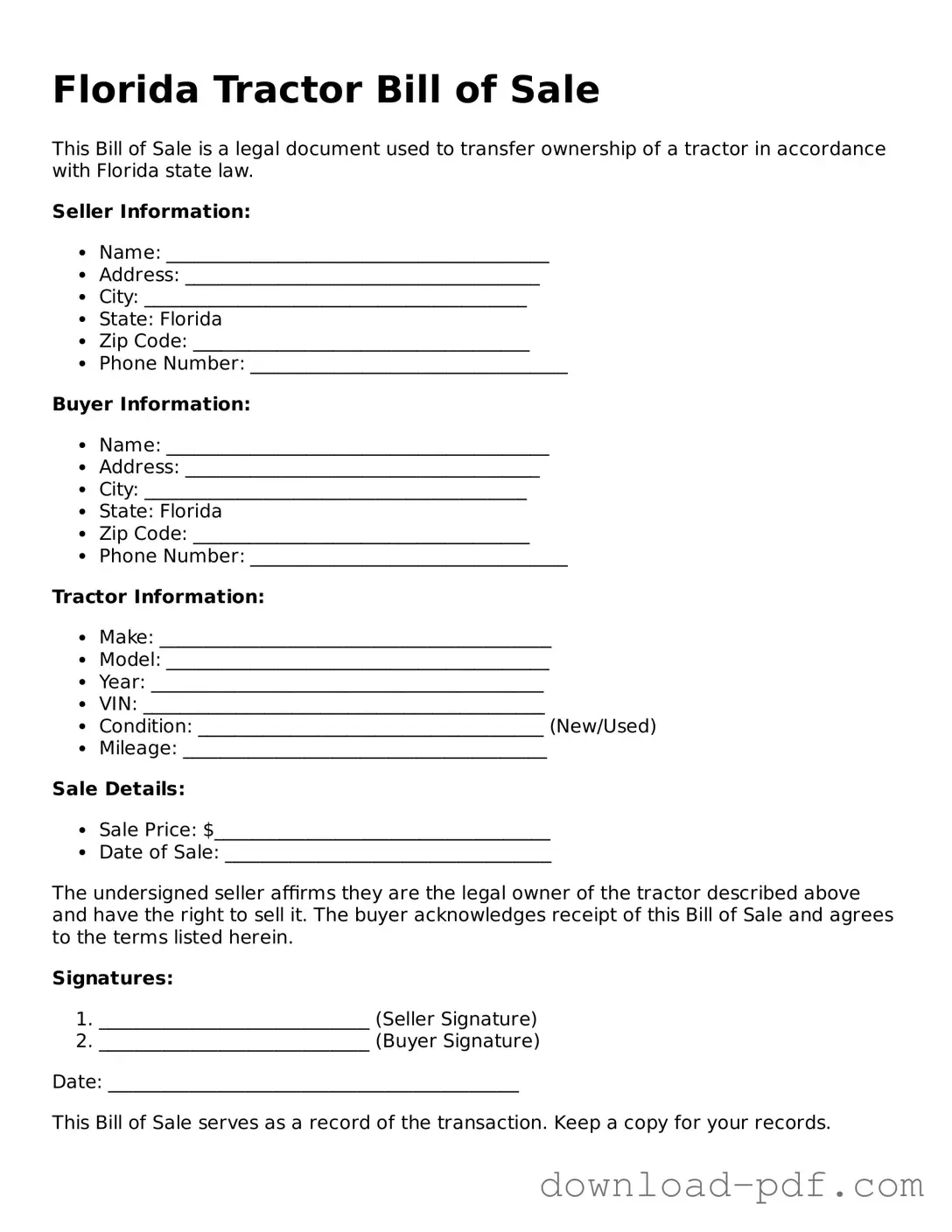 Florida Tractor Bill of Sale Document