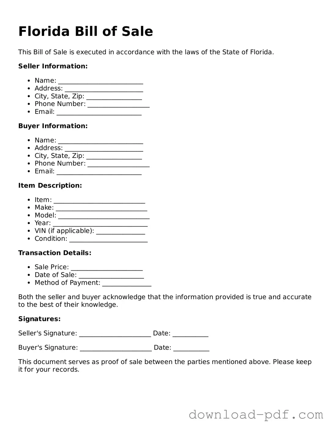 Florida Bill of Sale Document