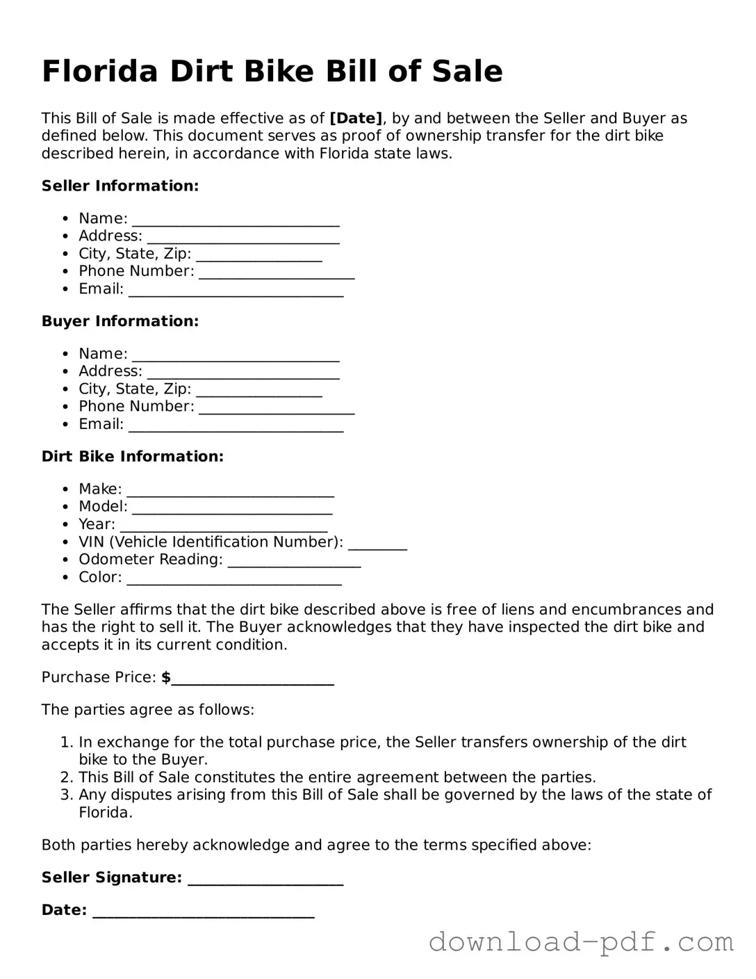 Florida Dirt Bike Bill of Sale Document
