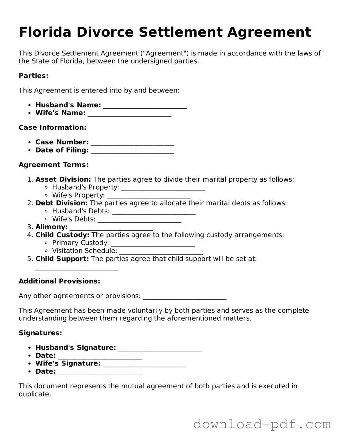 Florida Divorce Settlement Agreement Document
