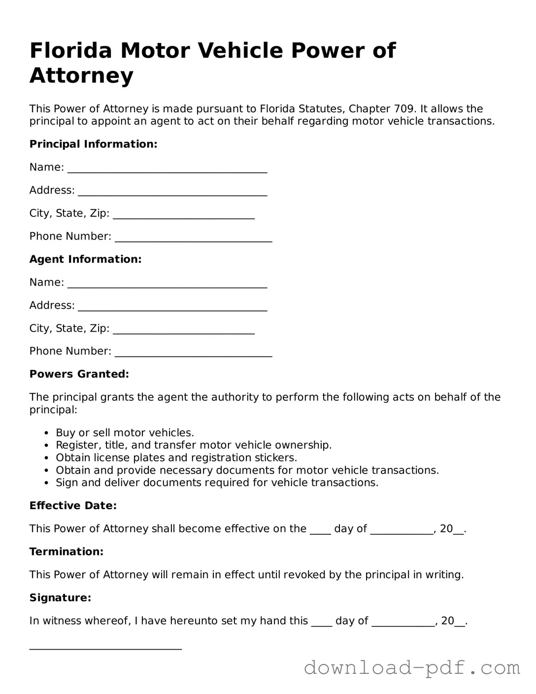 Florida Motor Vehicle Power of Attorney Document