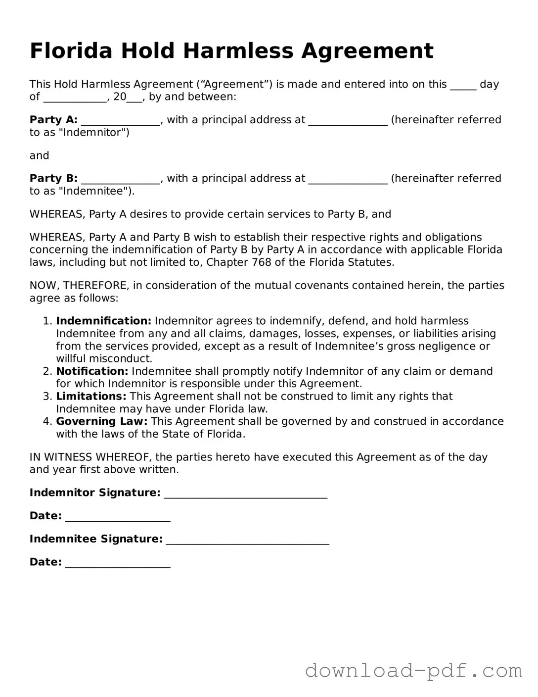Florida Hold Harmless Agreement Document