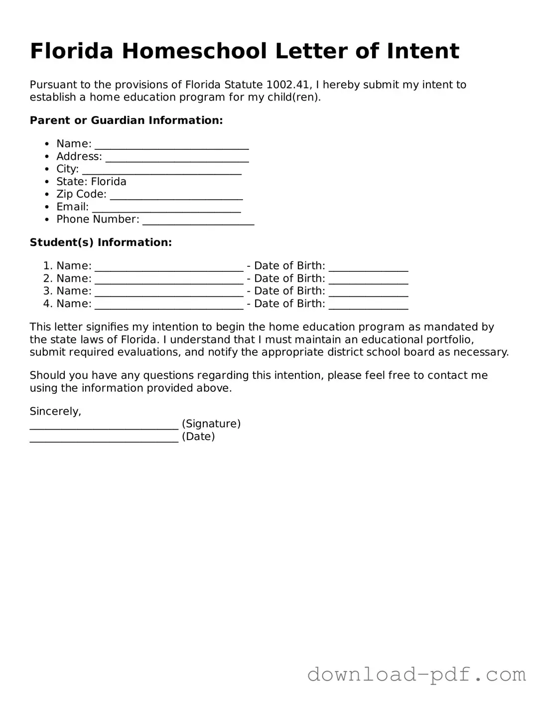 Florida Homeschool Letter of Intent Document