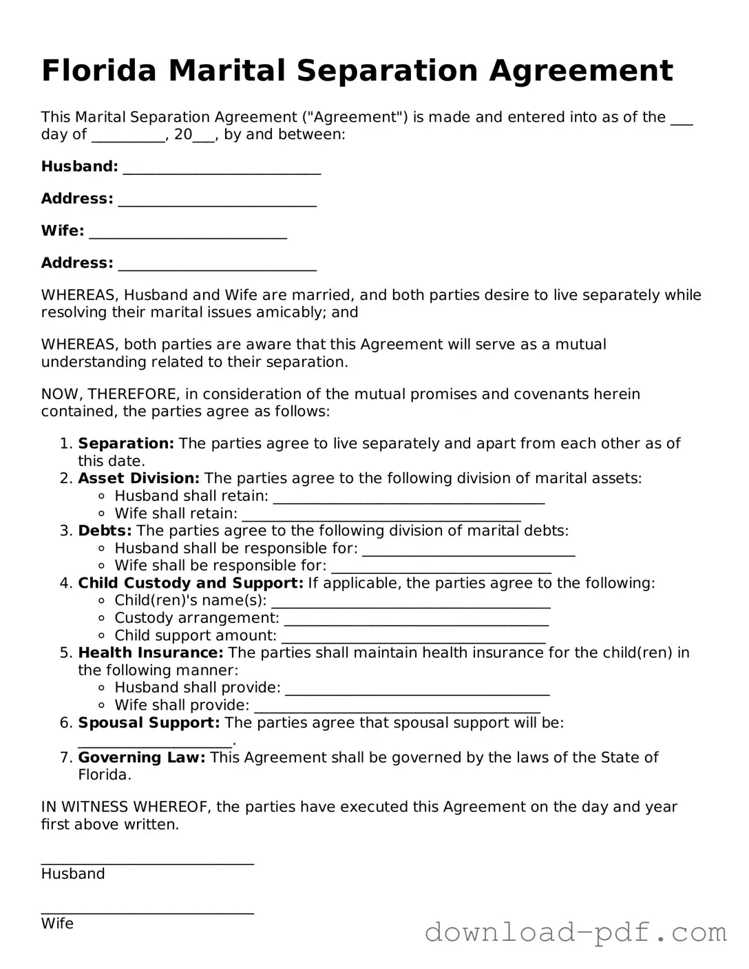 Florida Marital Separation Agreement Document