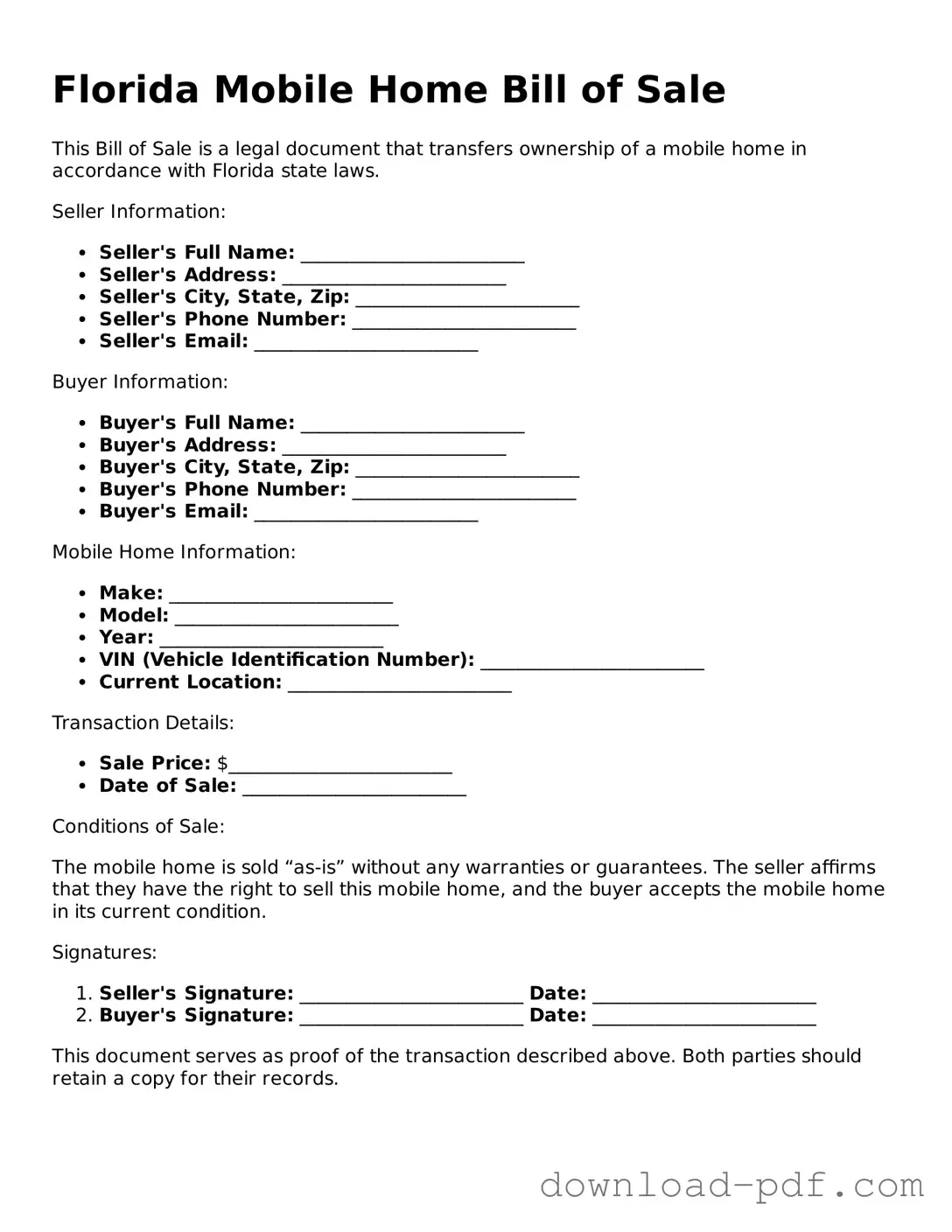 Florida Mobile Home Bill of Sale Document