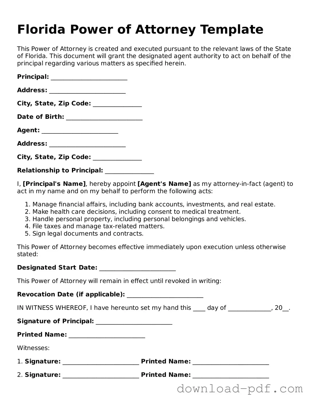 Florida Power of Attorney Document