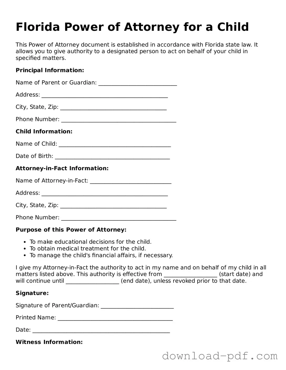 Florida Power of Attorney for a Child Document