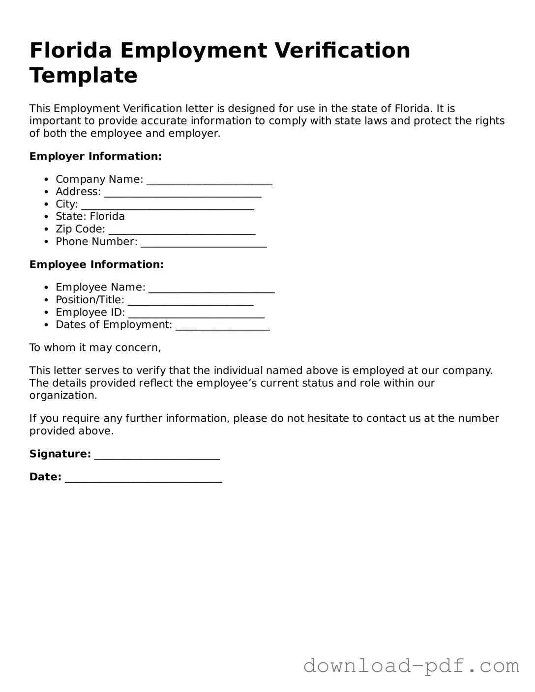 Florida Employment Verification Document