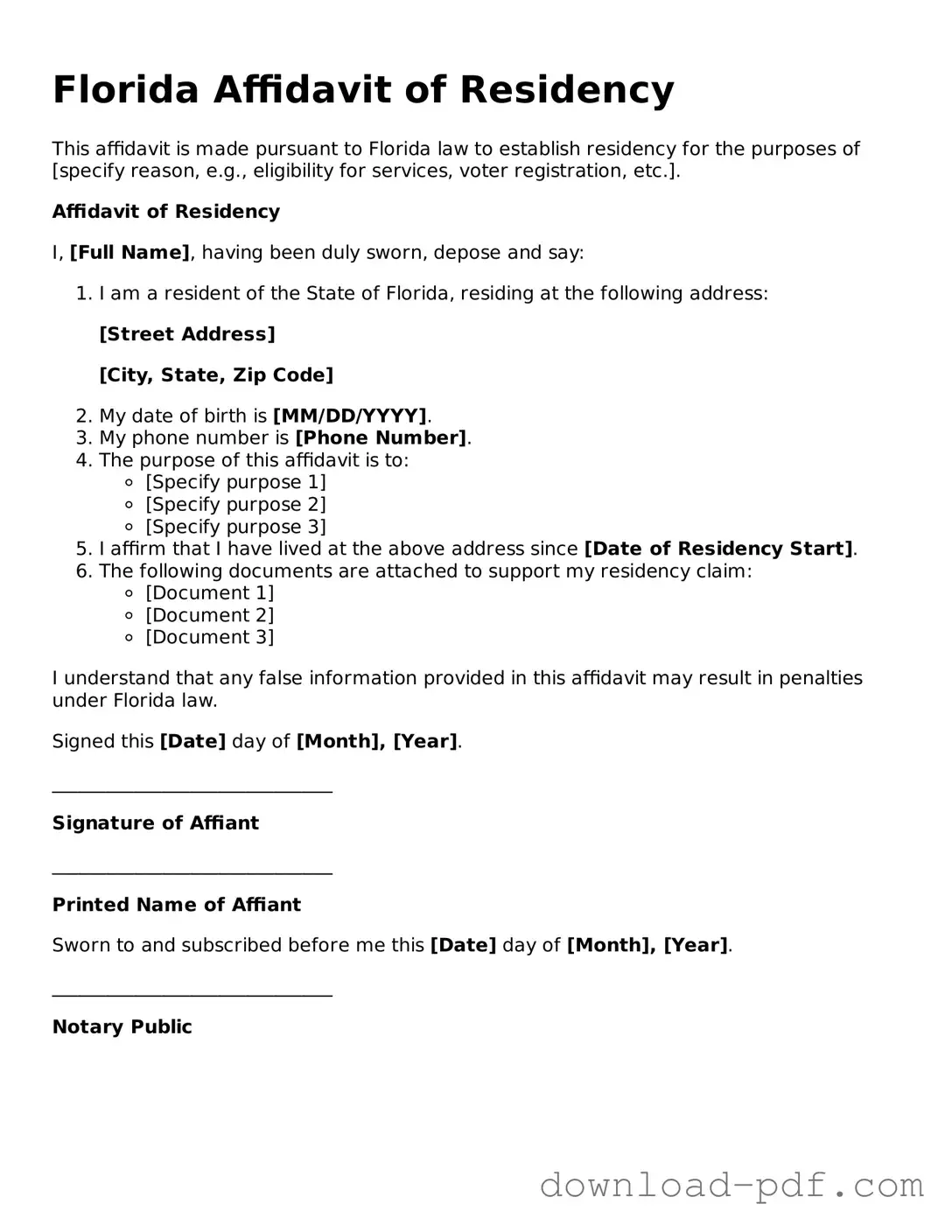 Florida Affidavit of Residency Document