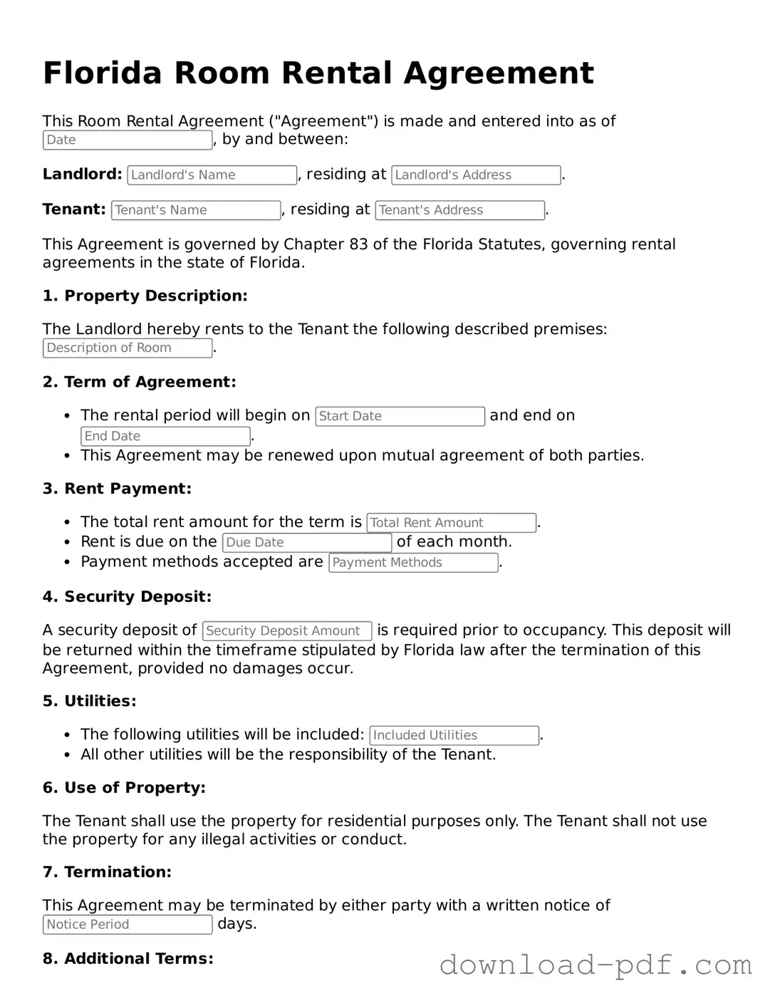 Florida Room Rental Agreement Document