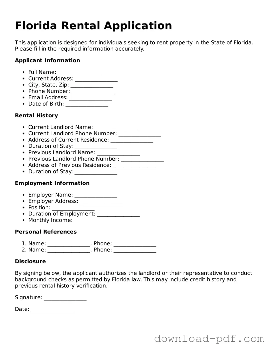 Florida Rental Application Document