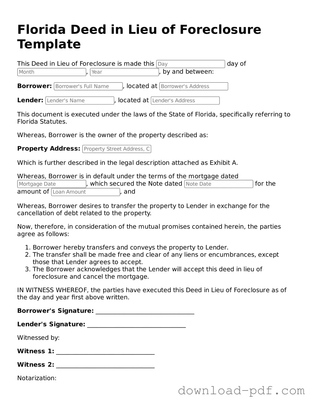 Florida Deed in Lieu of Foreclosure Document