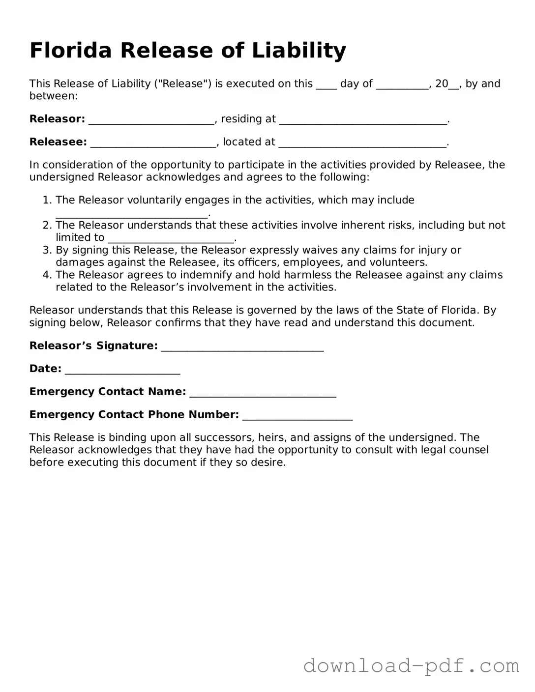 Florida Release of Liability Document