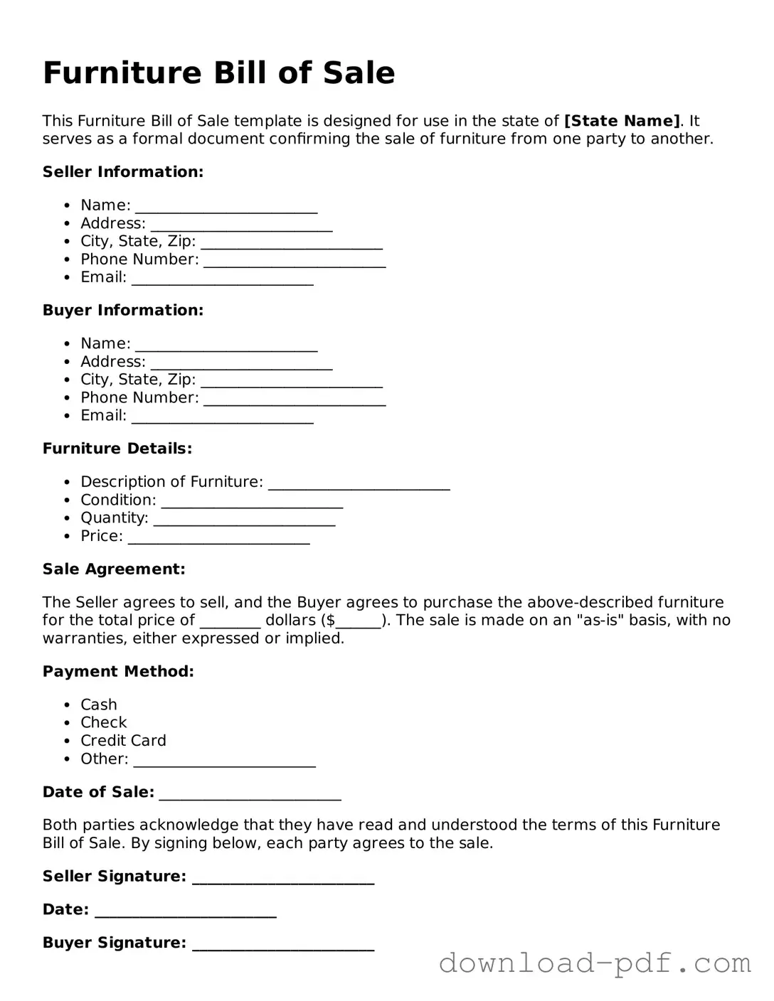 Free Furniture Bill of Sale Template