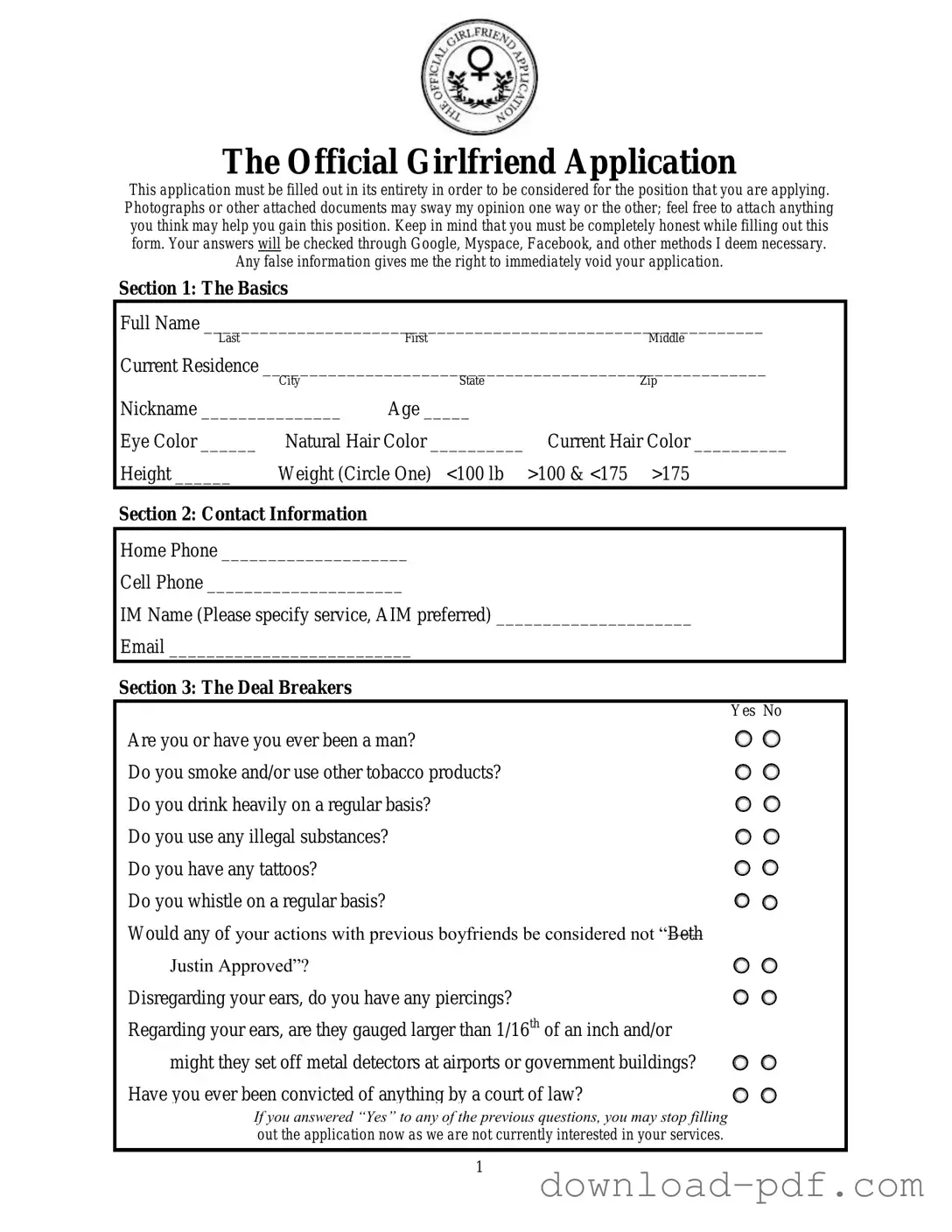 Get Girlfriend Application Template in PDF