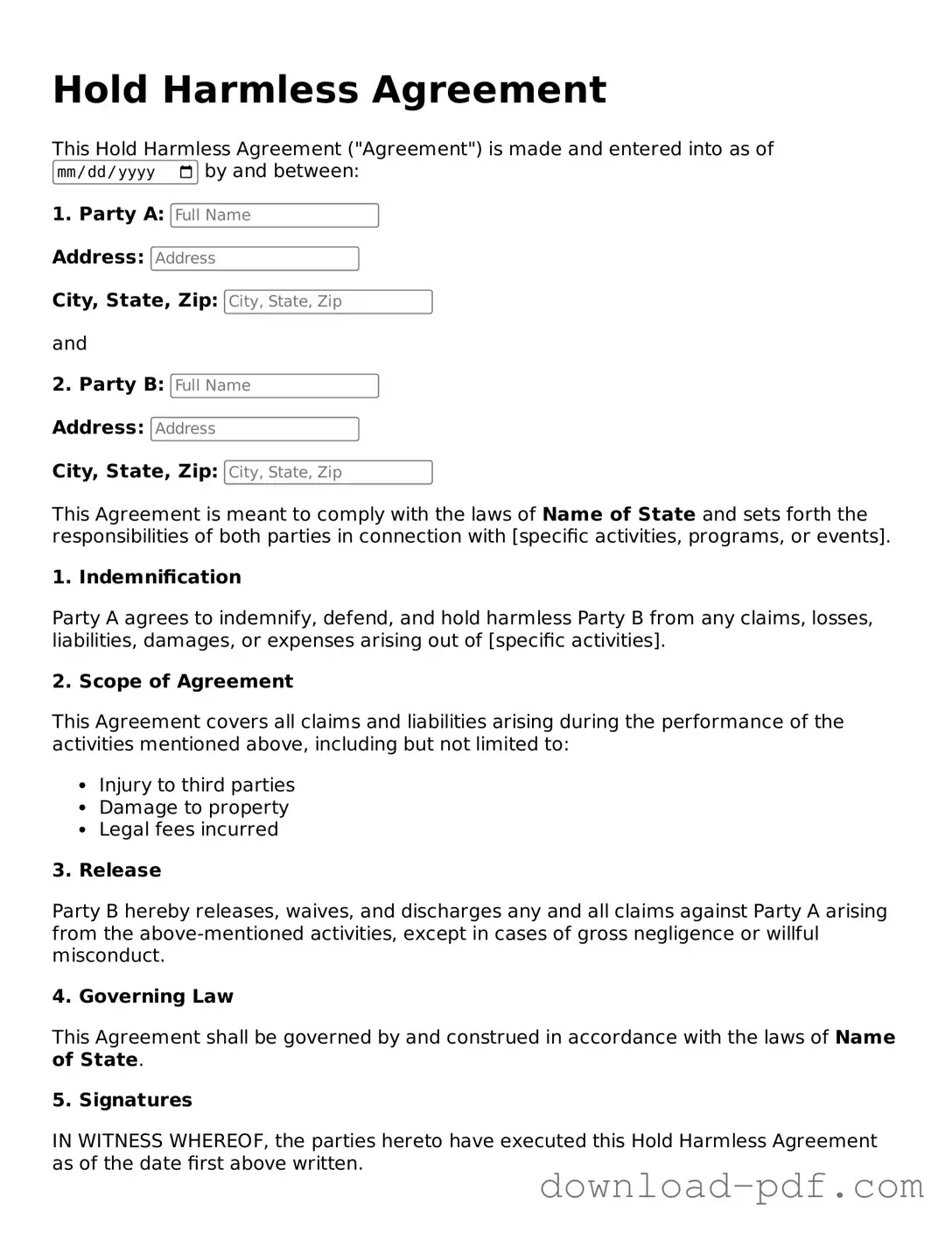 Free Hold Harmless Agreement Template