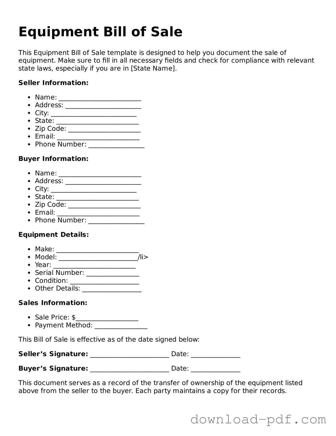 Free Equipment Bill of Sale Template