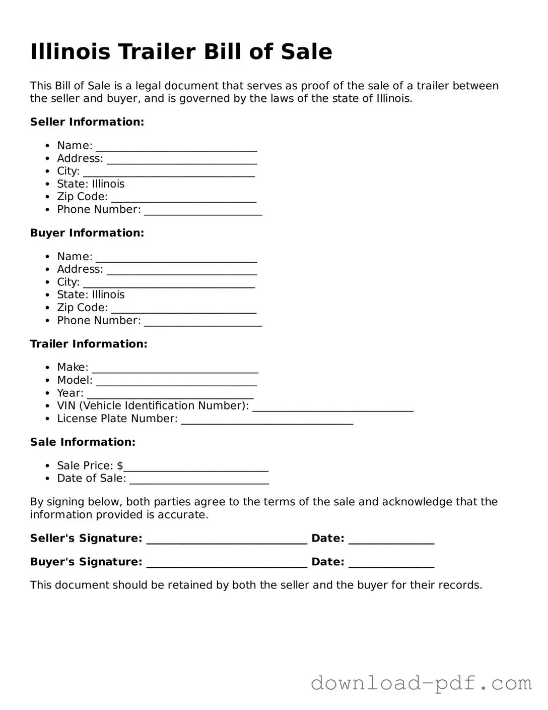 Illinois Trailer Bill of Sale Document