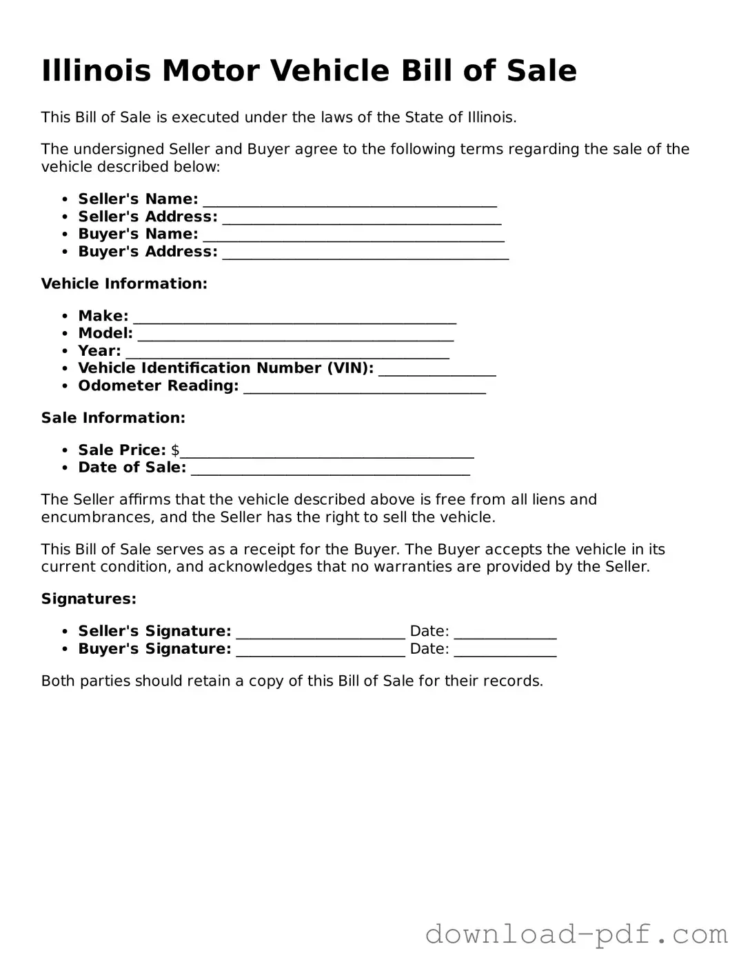 Illinois Motor Vehicle Bill of Sale Document