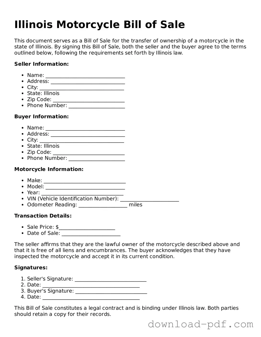Illinois Motorcycle Bill of Sale Document