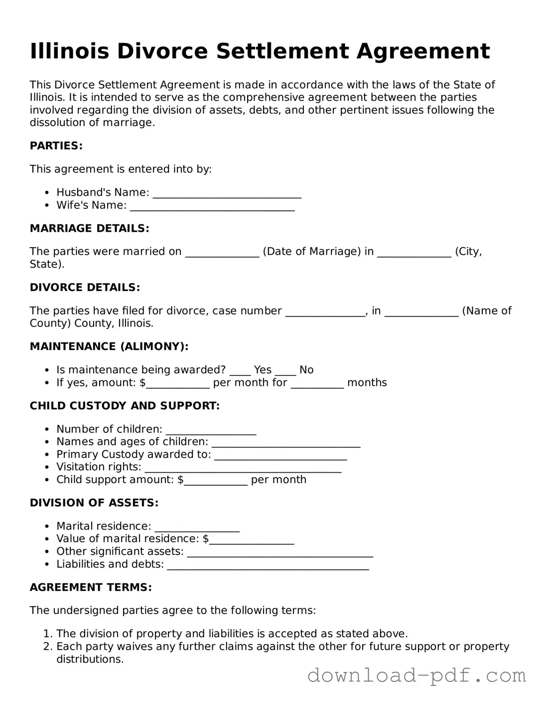 Illinois Divorce Settlement Agreement Document