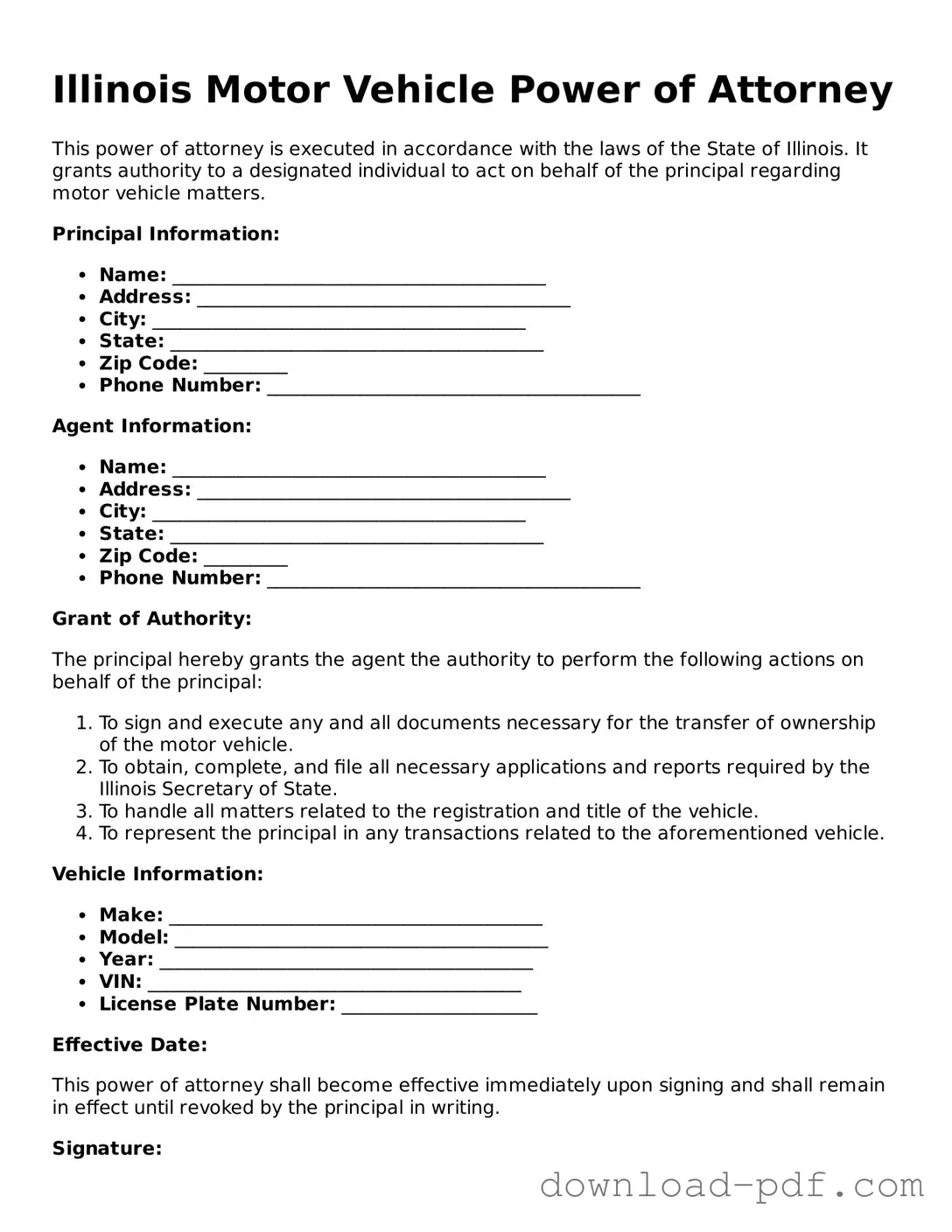 Illinois Motor Vehicle Power of Attorney Document