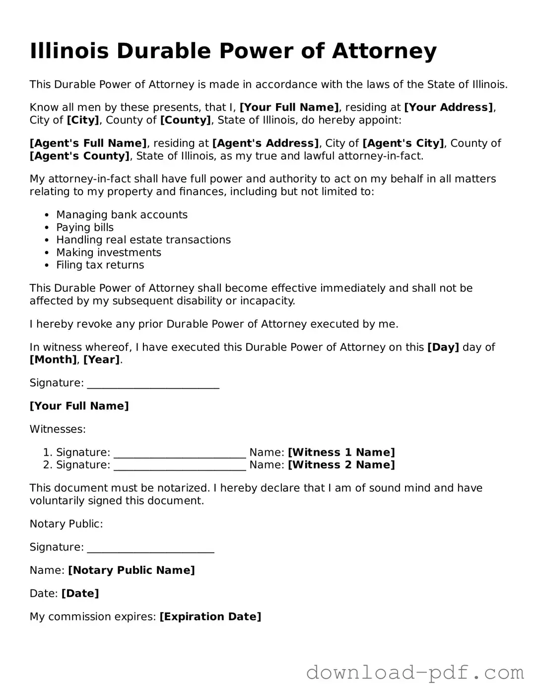 Illinois Durable Power of Attorney Document