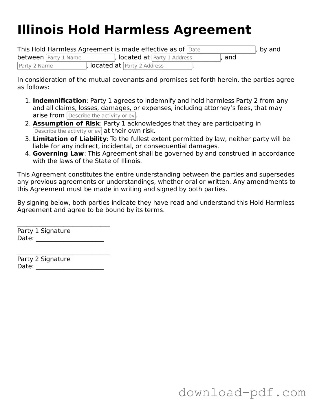 Illinois Hold Harmless Agreement Document