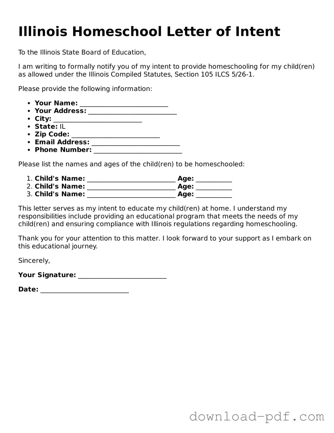 Illinois Homeschool Letter of Intent Document