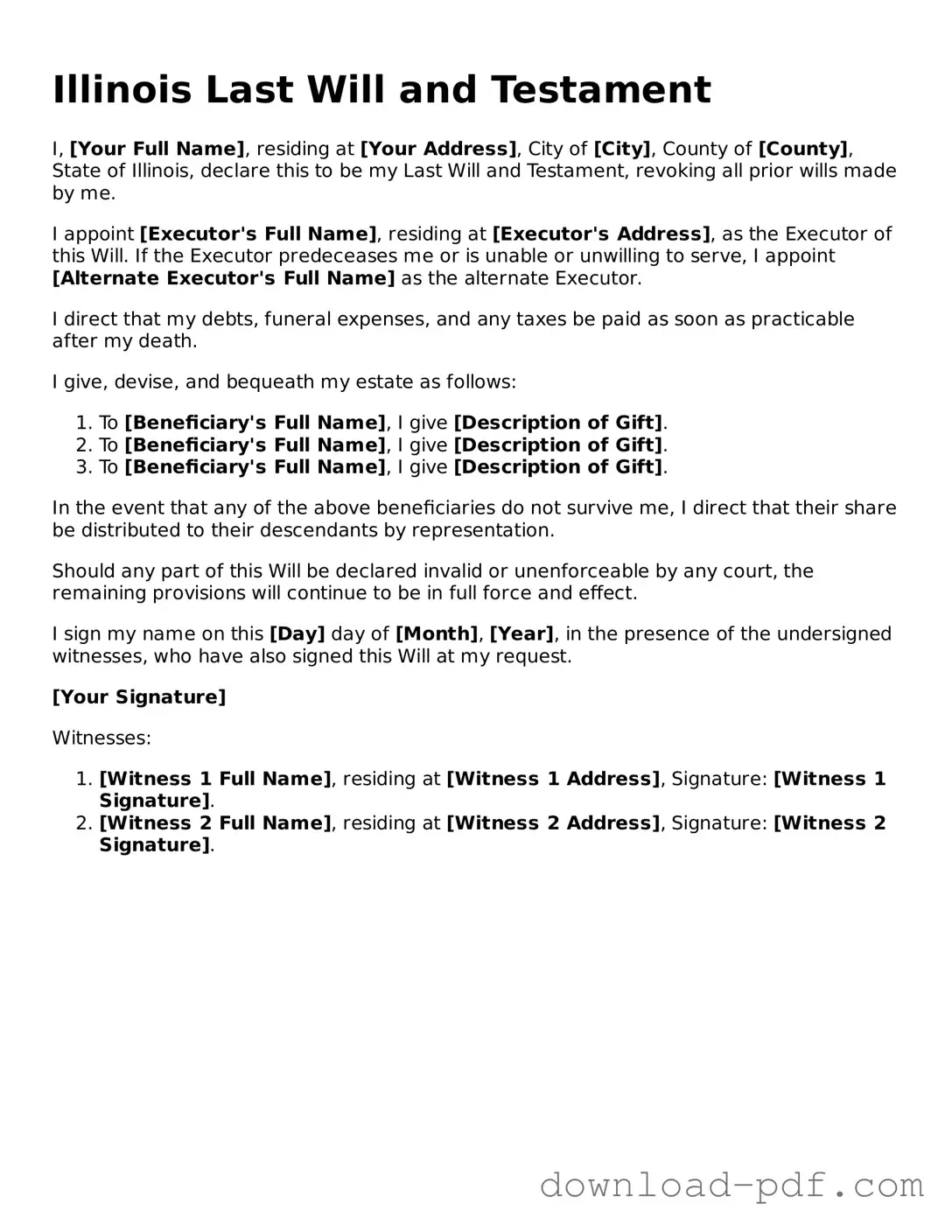 Illinois Last Will and Testament Document