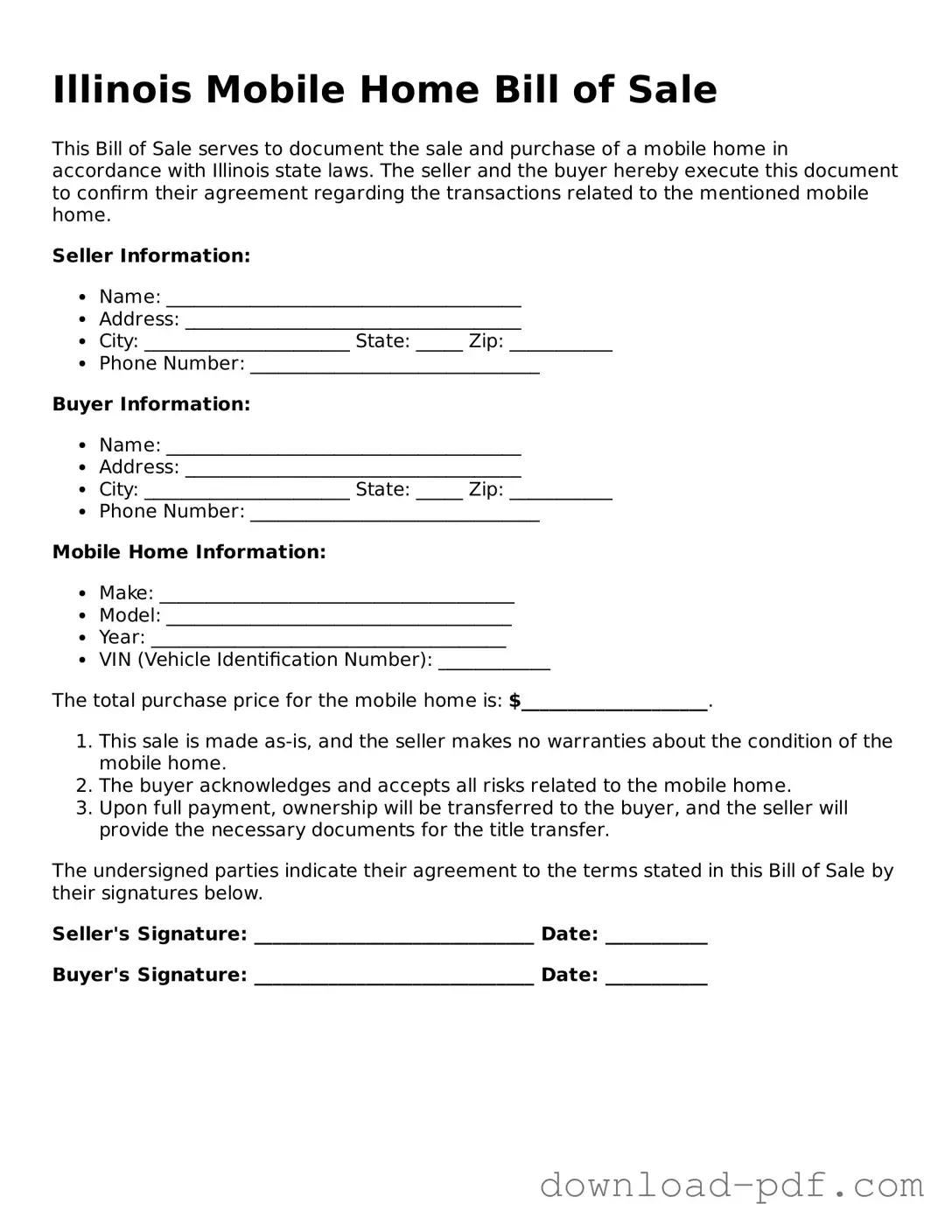 Illinois Mobile Home Bill of Sale Document