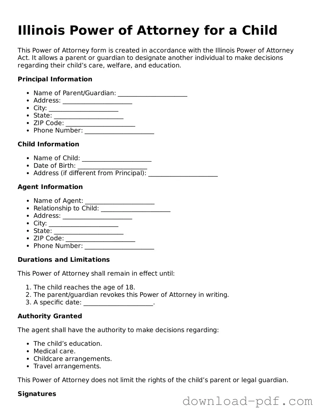 Illinois Power of Attorney for a Child Document