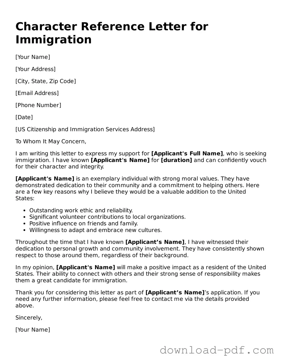 Free Character Reference Letter for Immigration Template