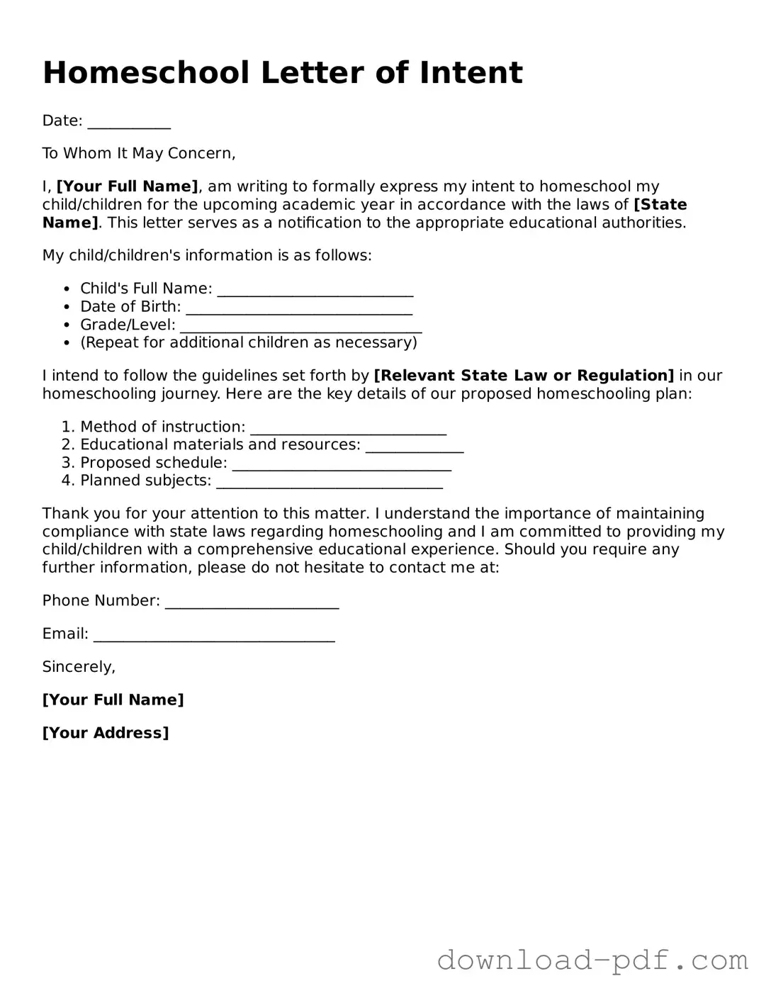 Free Homeschool Letter of Intent Template