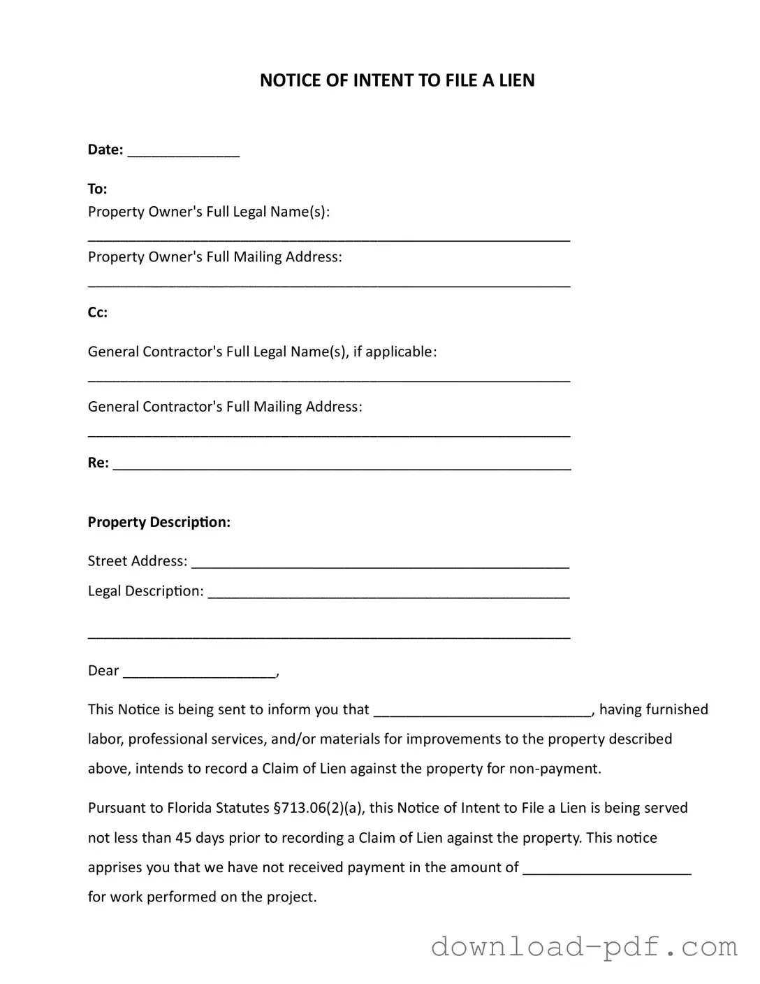 Get Intent To Lien Florida Template in PDF