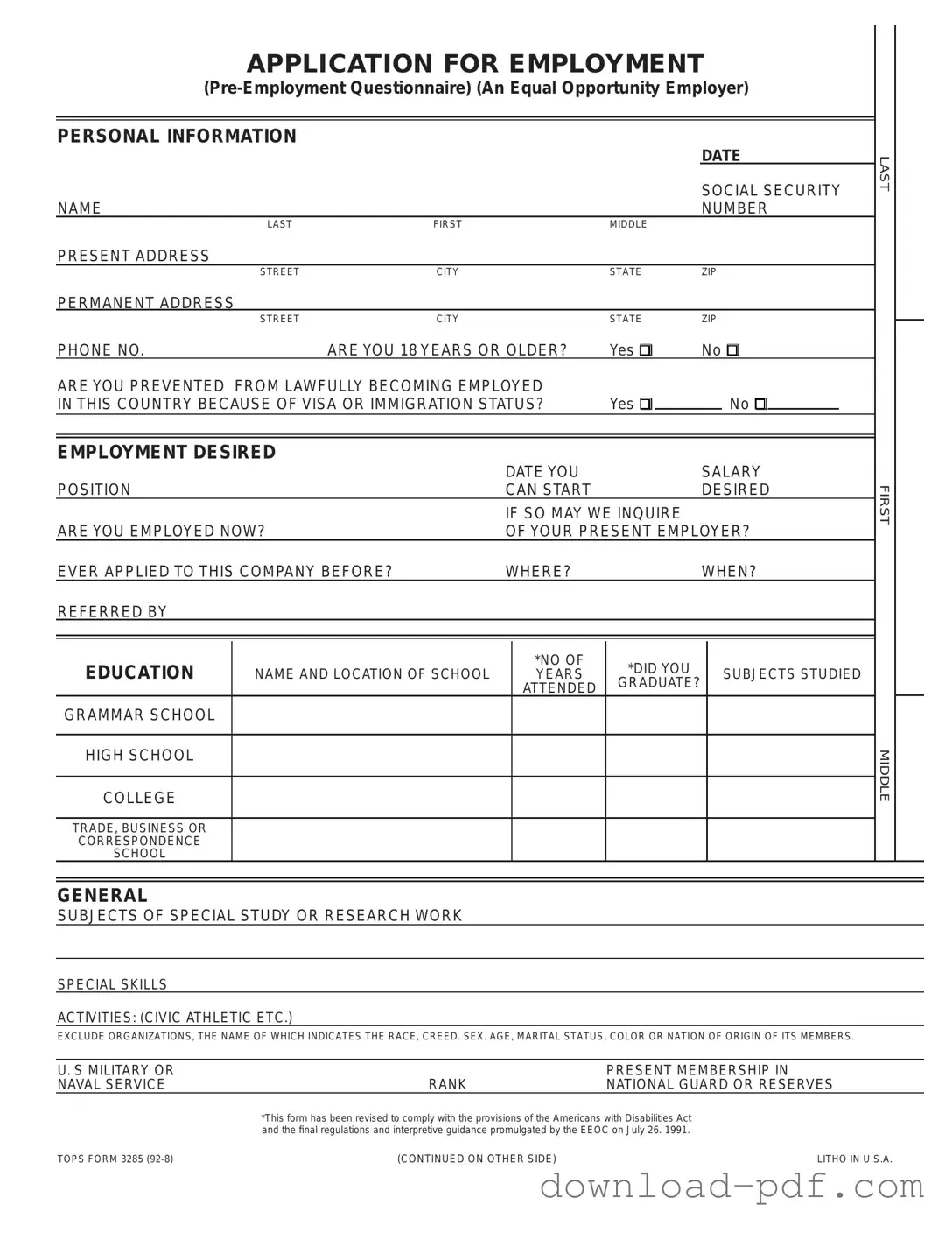 Get Employment Application Pdf Template in PDF