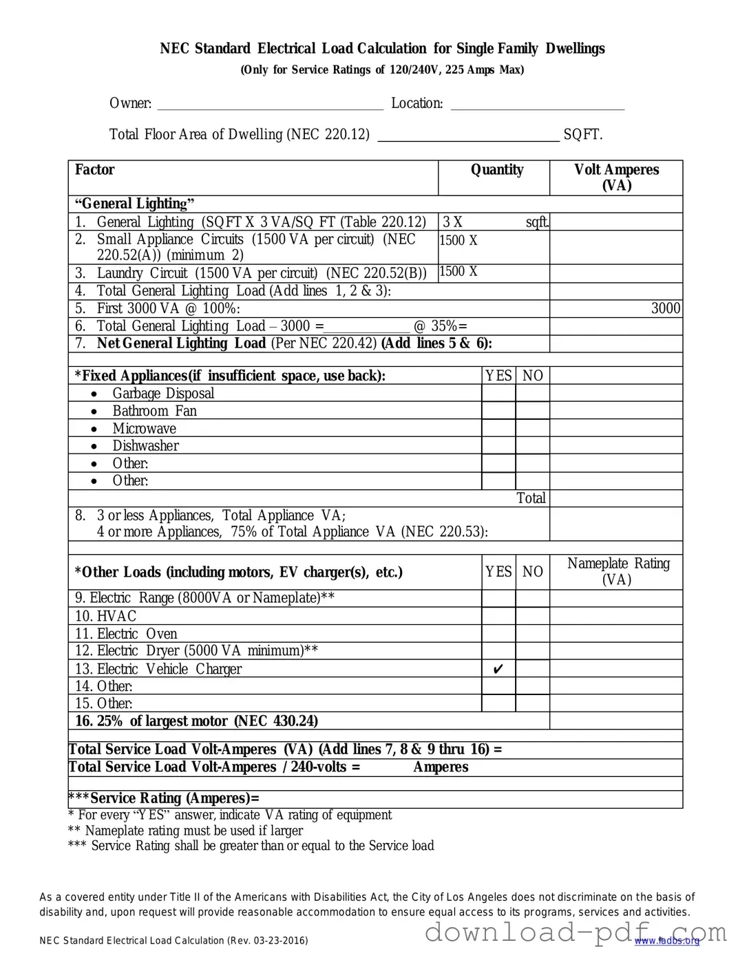 Get LADBS NEC Standard Electrical Load Calculation Template in PDF